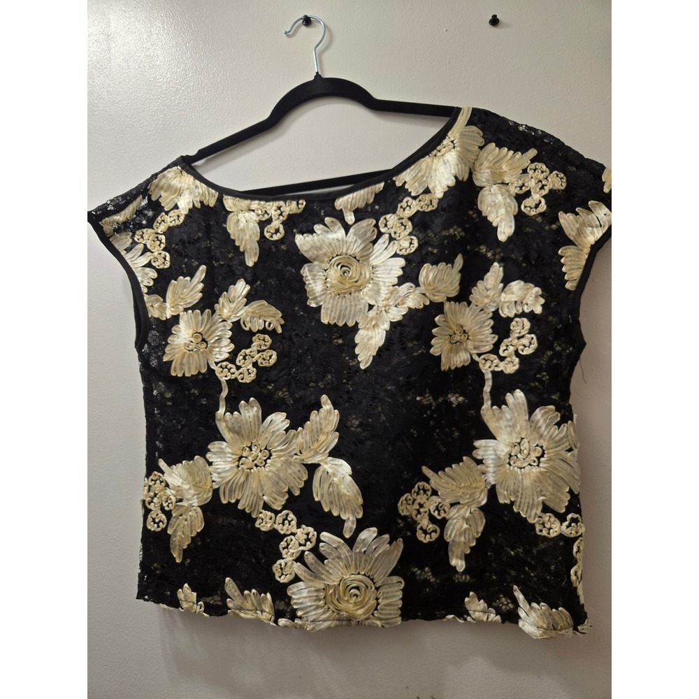 SHEIN Black Lace Floral Applique Cap Sleeve‎ Top Women's Size L
